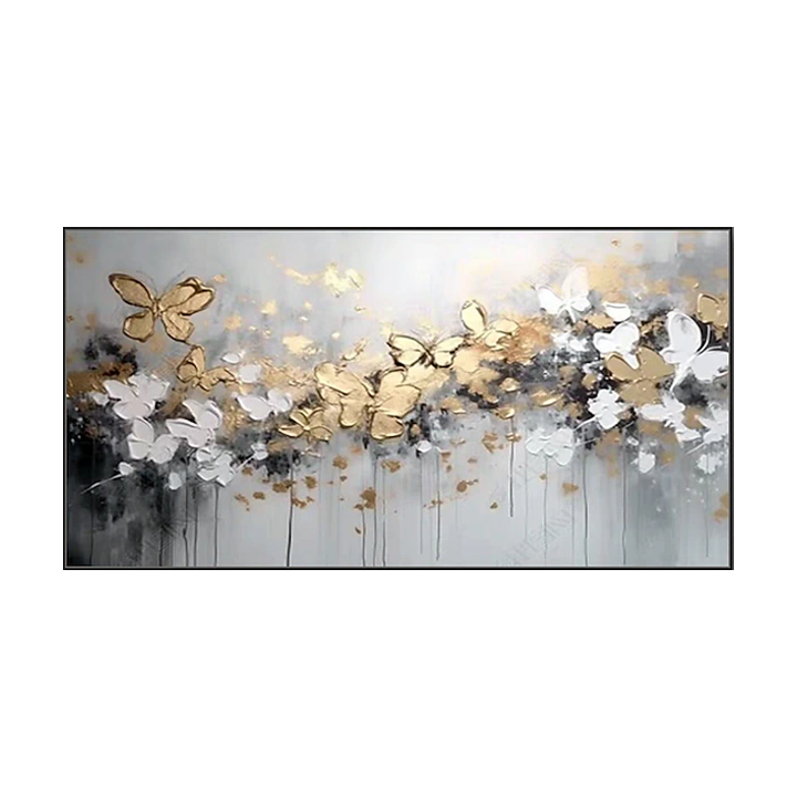 Gold & White Butterfly Abstract Oil Painting - Textured Luxury Wall Art, Elegant Decor for Modern Living Room