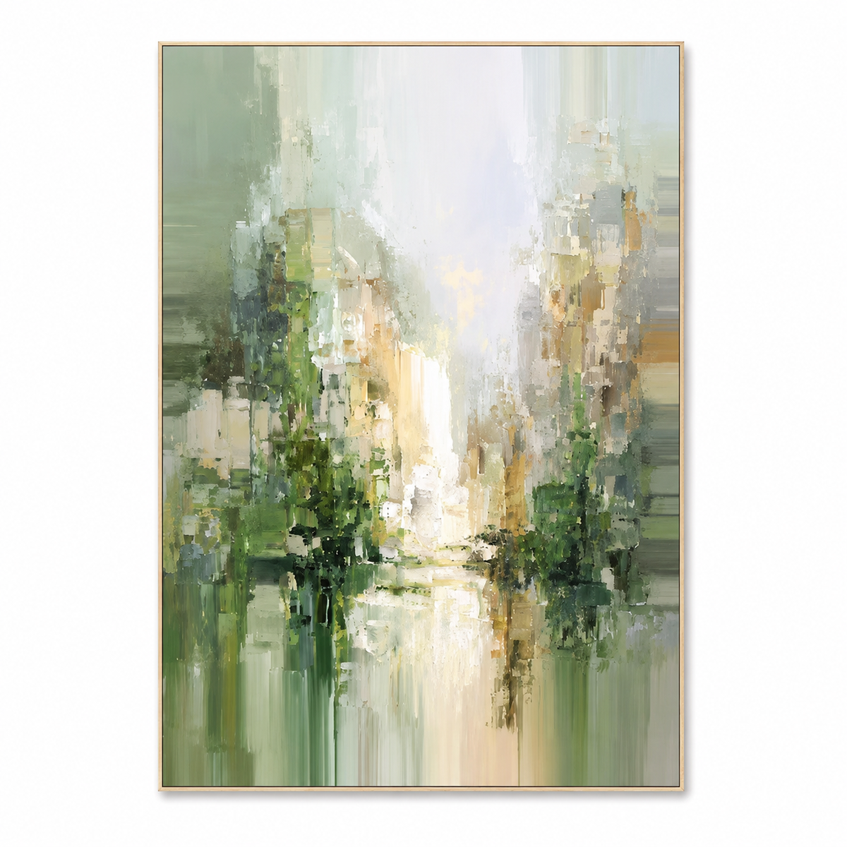Beyond the Mist - Green Abstract Cityscape Oil Painting | Modern Textured Wall Art