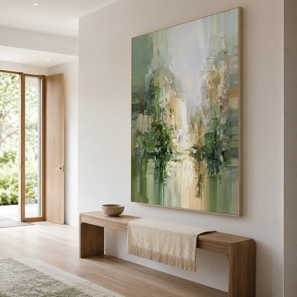 Beyond the Mist - Green Abstract Cityscape Oil Painting | Modern Textured Wall Art