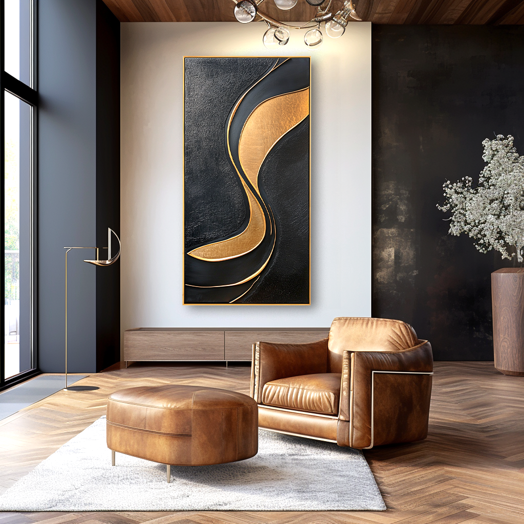 Black and gold abstract textured wall art with flowing curved gold lines on dark background