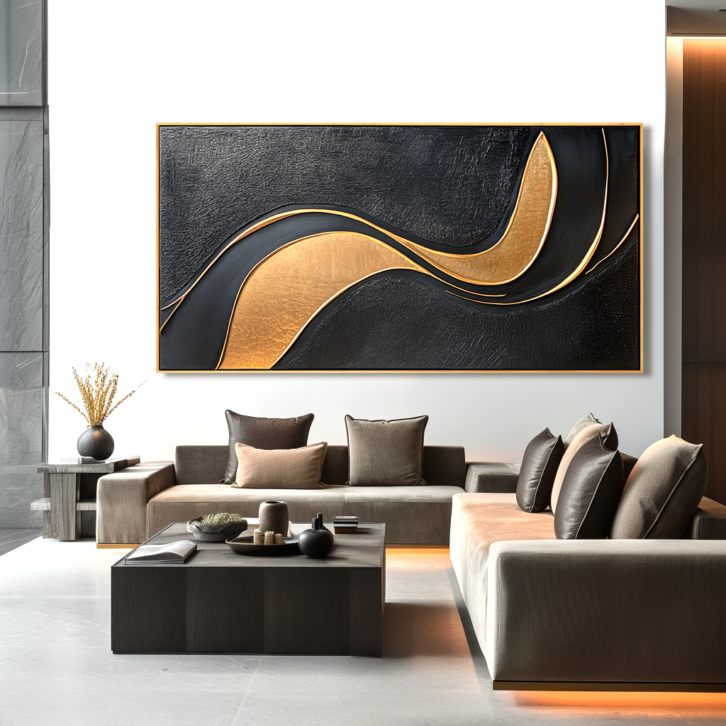 Black and gold abstract textured wall art with flowing curved gold lines on dark background
