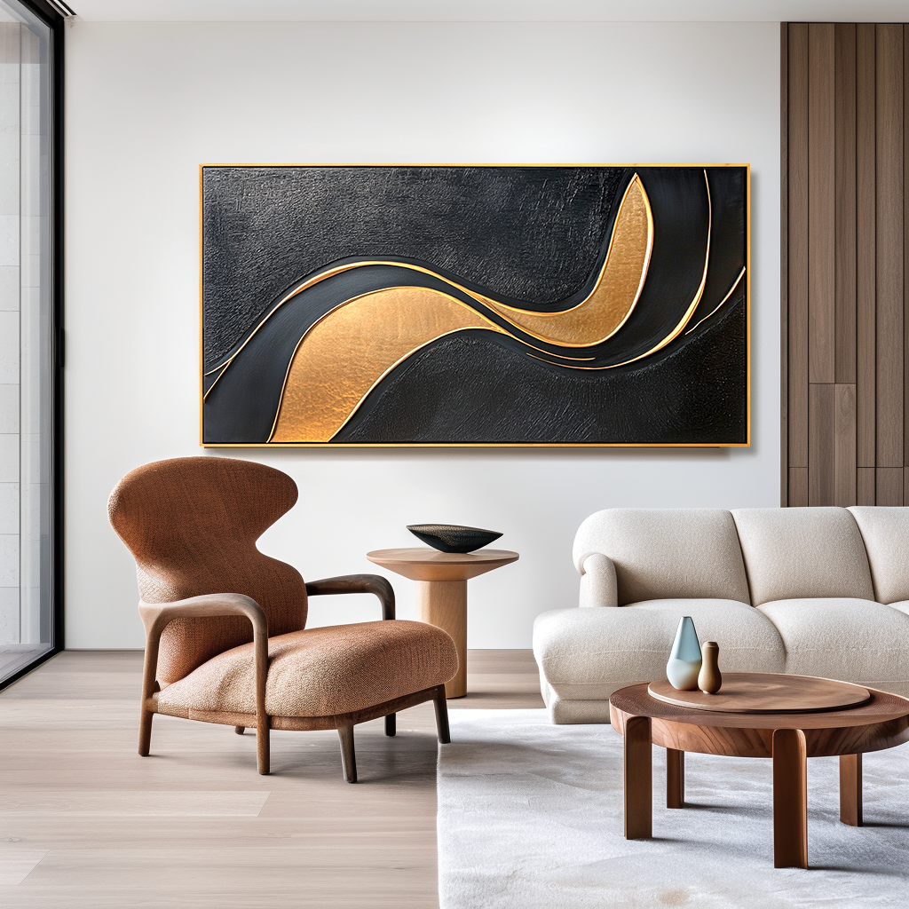 Black and gold abstract textured wall art with flowing curved gold lines on dark background
