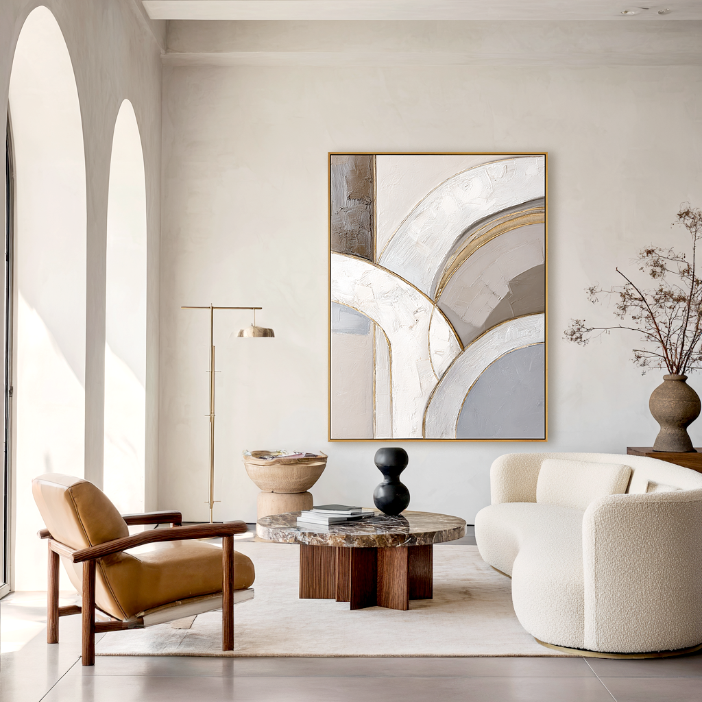 Neutral abstract textured wall art with soft arches in beige and gray tones