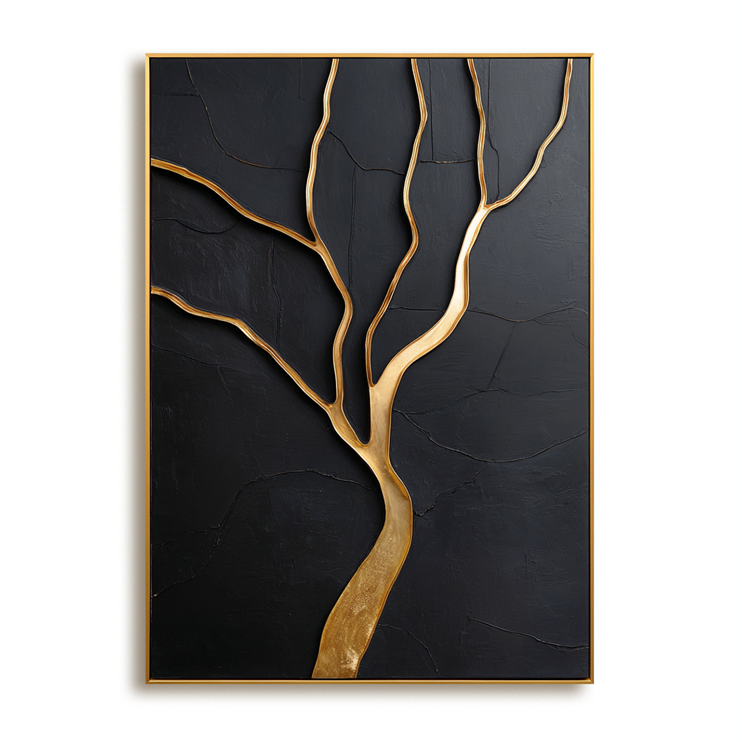 Vertical abstract tree painting with gold branches on a black textured background