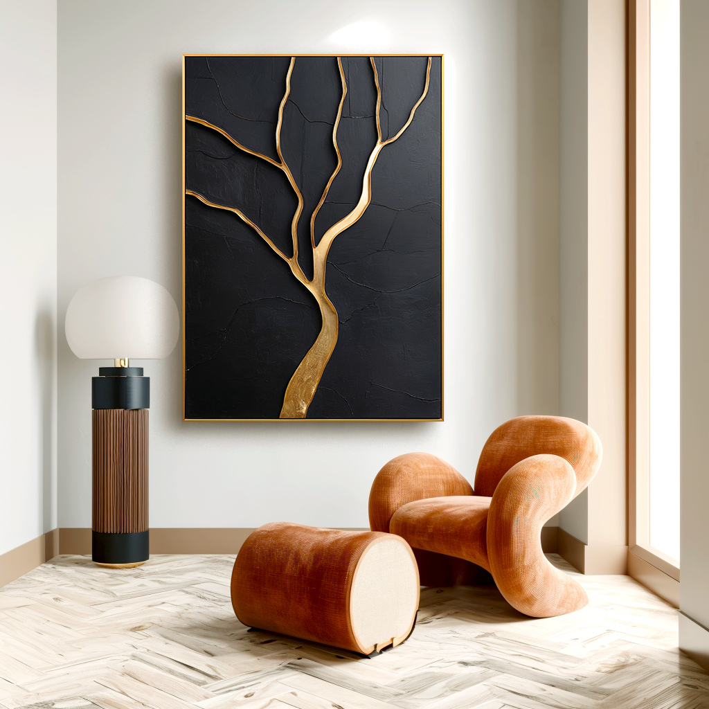 Vertical abstract tree painting with gold branches on a black textured background
