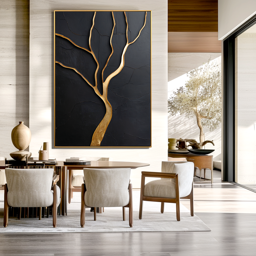 Vertical abstract tree painting with gold branches on a black textured background