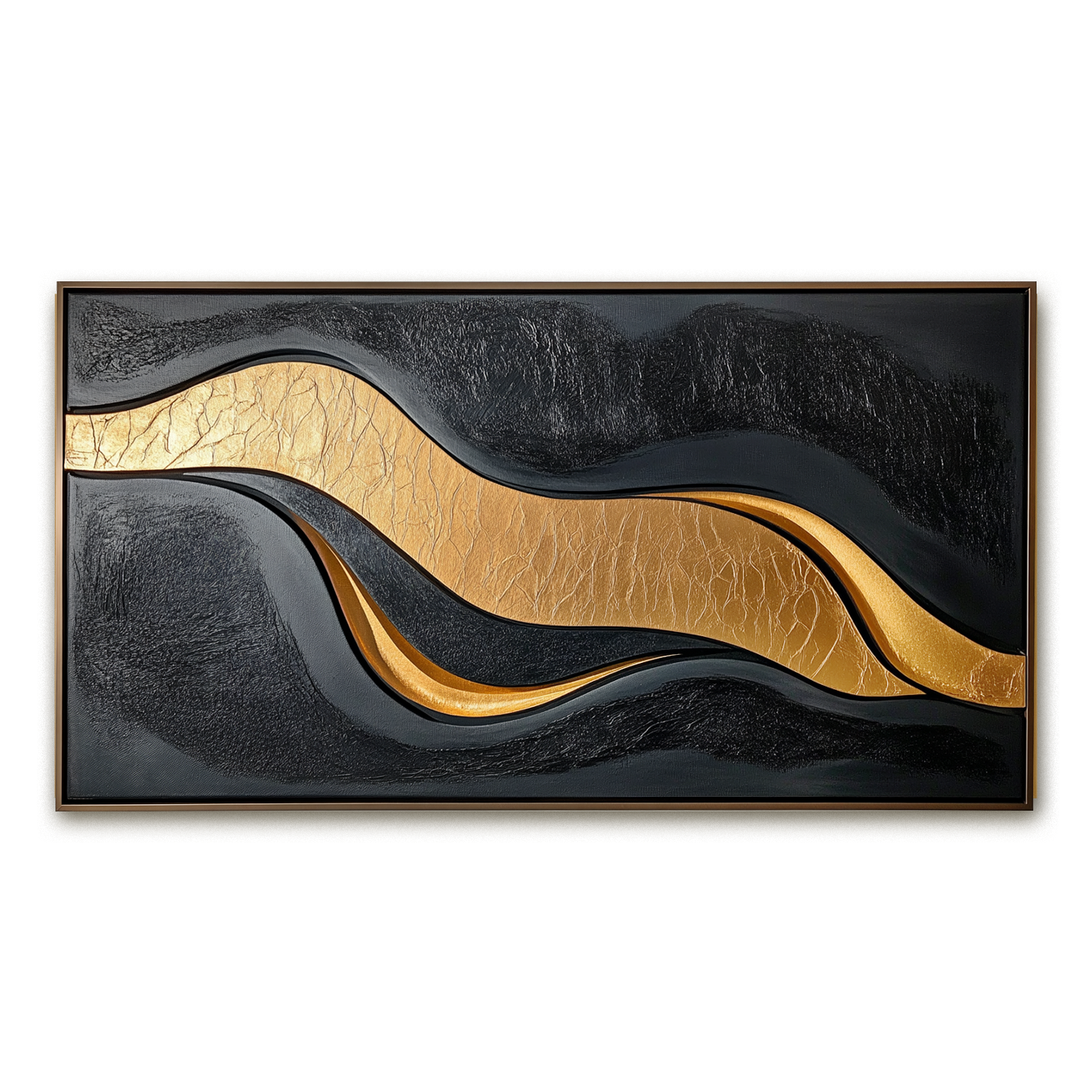 Black and gold abstract textured wall art with flowing horizontal wave design