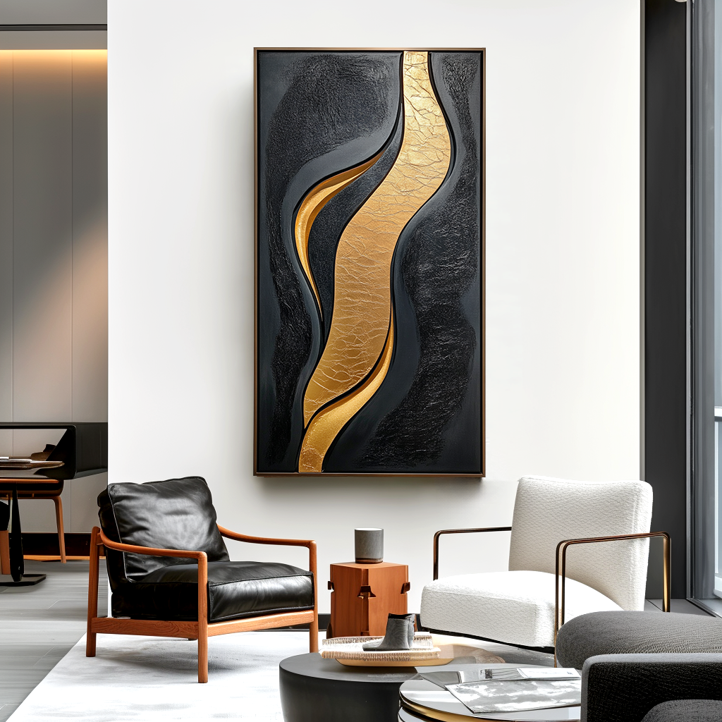 Black and gold abstract textured wall art with flowing horizontal wave design