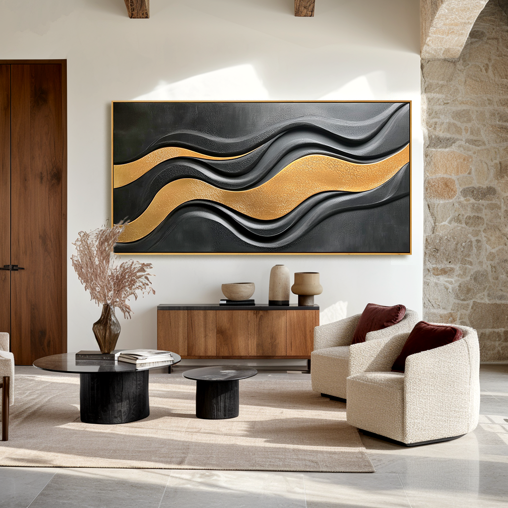 Black and gold abstract textured wall art with flowing horizontal wave lines