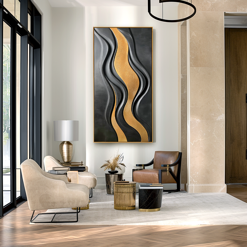 Black and gold abstract textured wall art with flowing horizontal wave lines