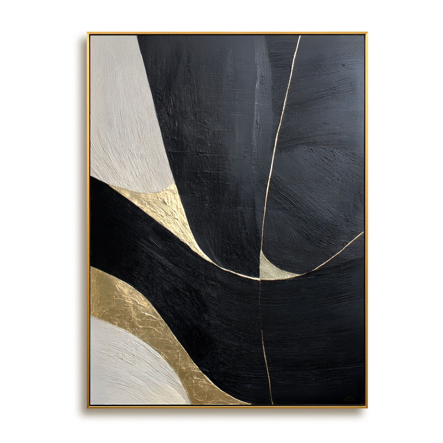 Black and white minimalist abstract painting with flowing golden lines and textured surface