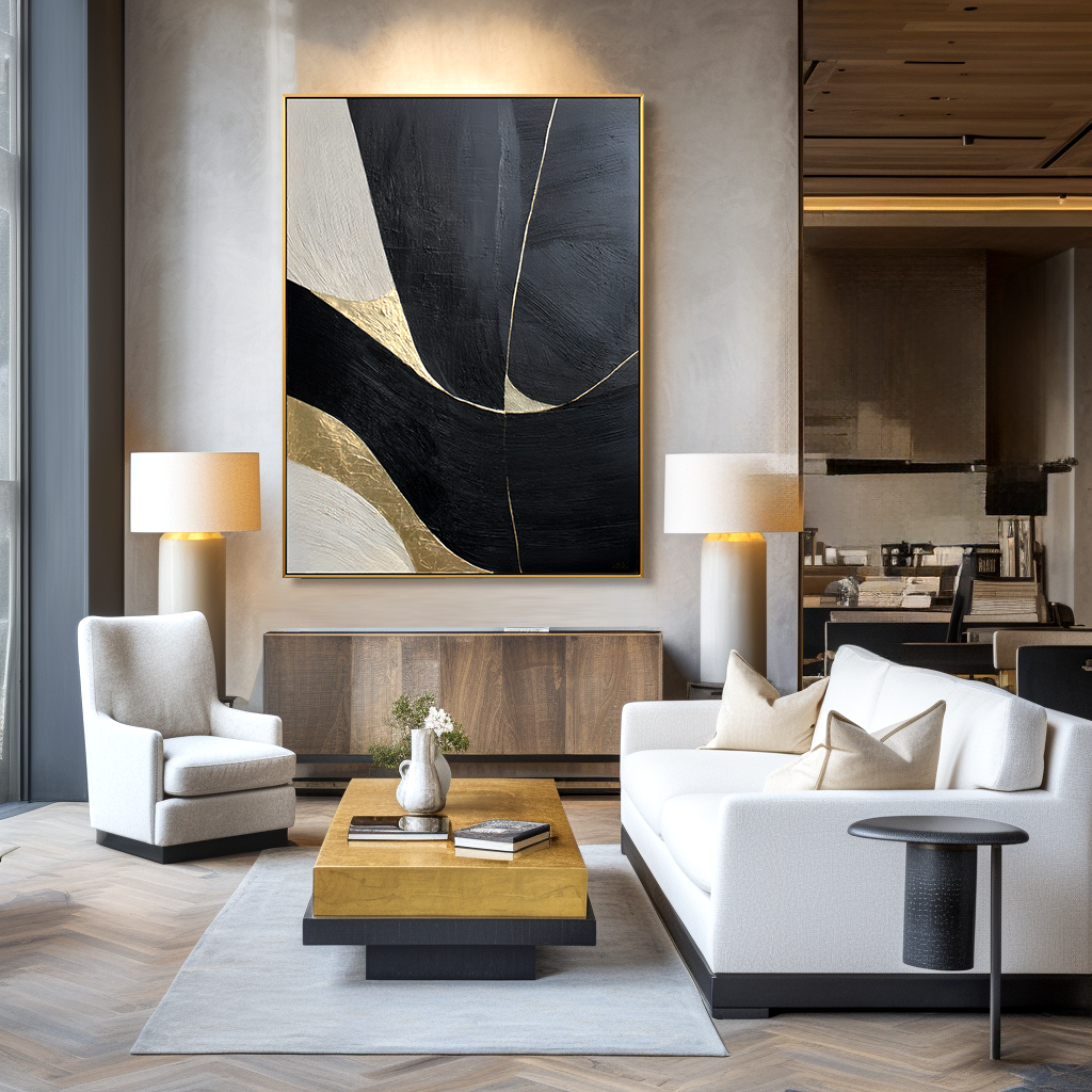 Black and white minimalist abstract painting with flowing golden lines and textured surface