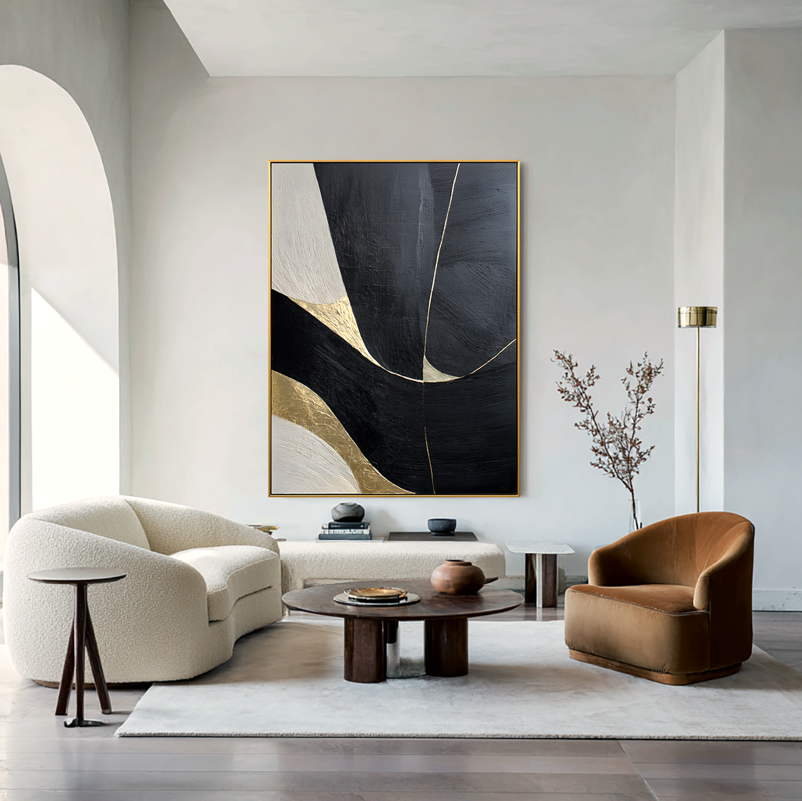 Black and white minimalist abstract painting with flowing golden lines and textured surface