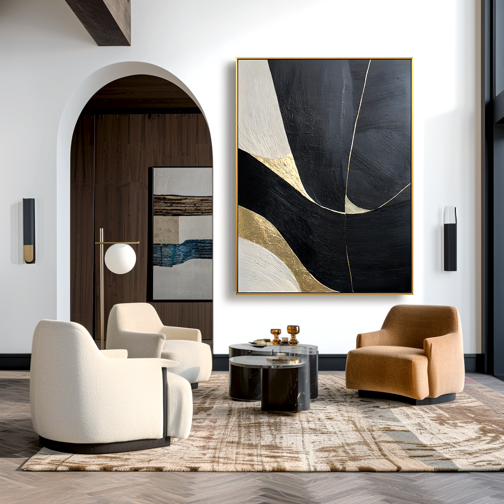 Black and white minimalist abstract painting with flowing golden lines and textured surface