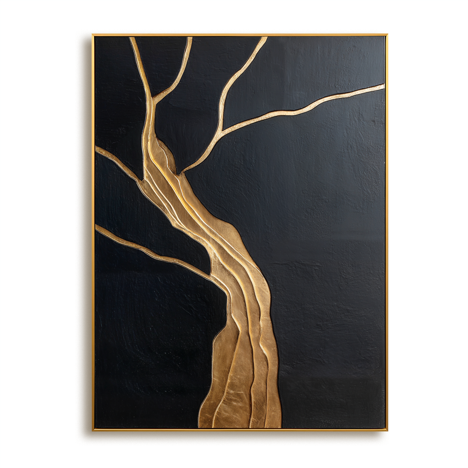 Vertical abstract gold tree painting with flowing branches on black textured background
