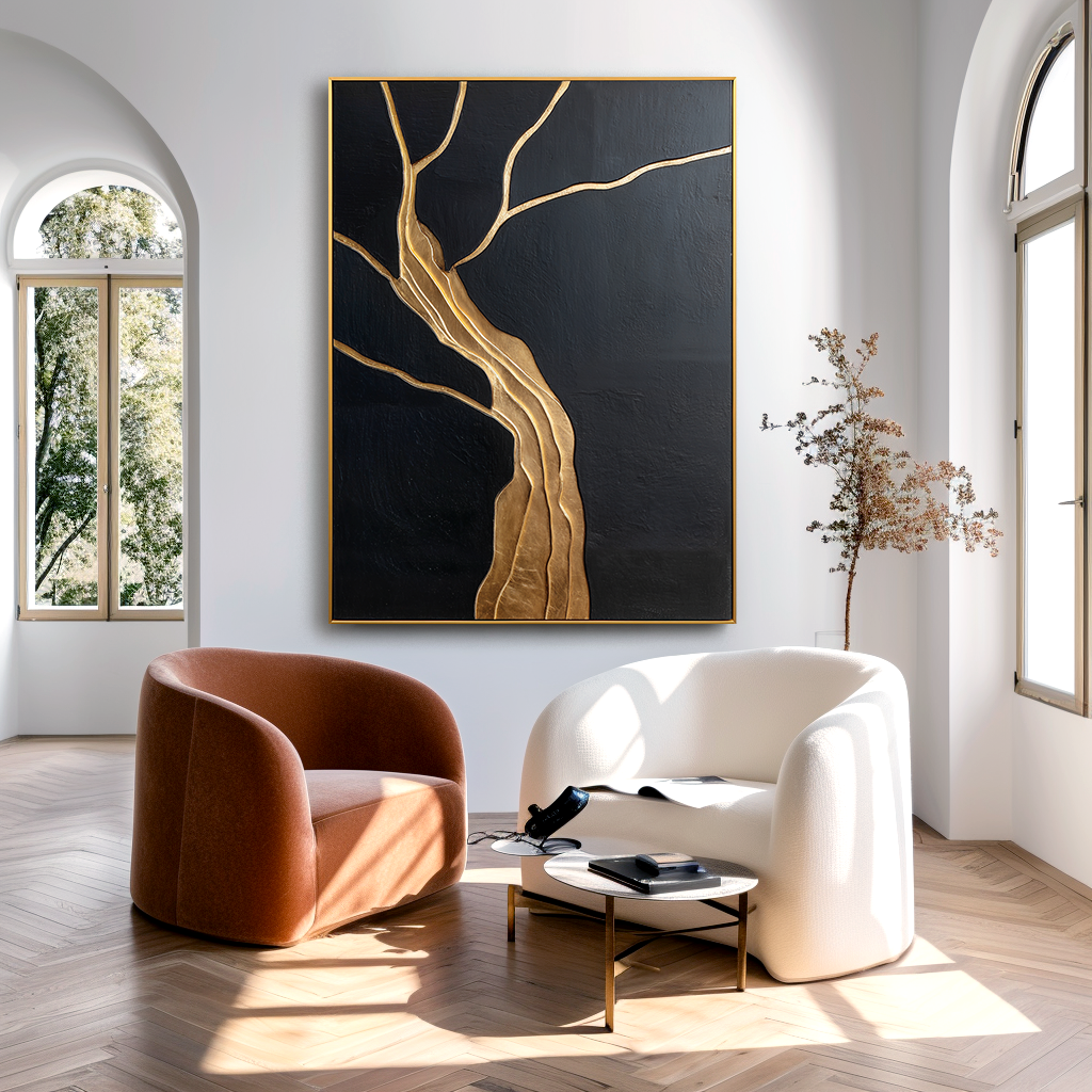 Vertical abstract gold tree painting with flowing branches on black textured background