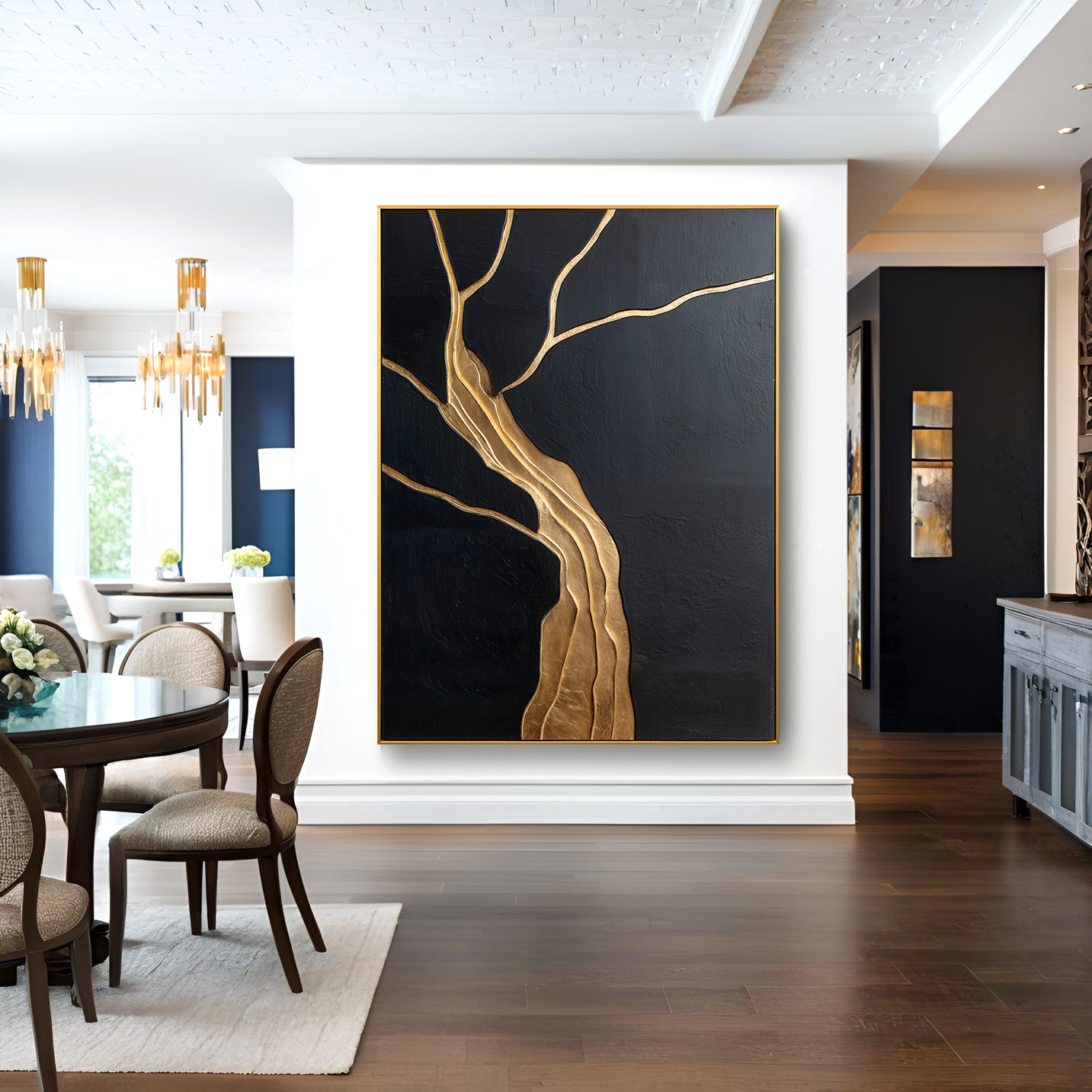 Vertical abstract gold tree painting with flowing branches on black textured background