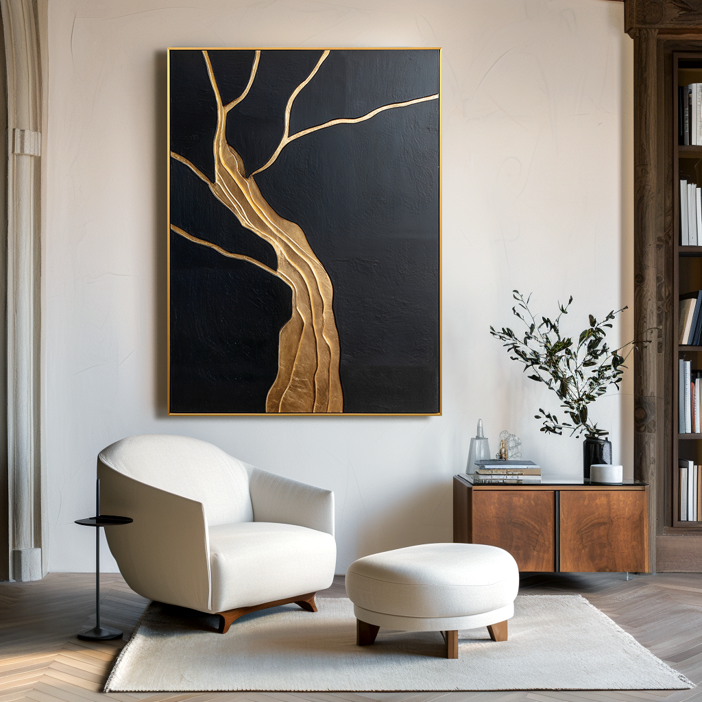 Vertical abstract gold tree painting with flowing branches on black textured background