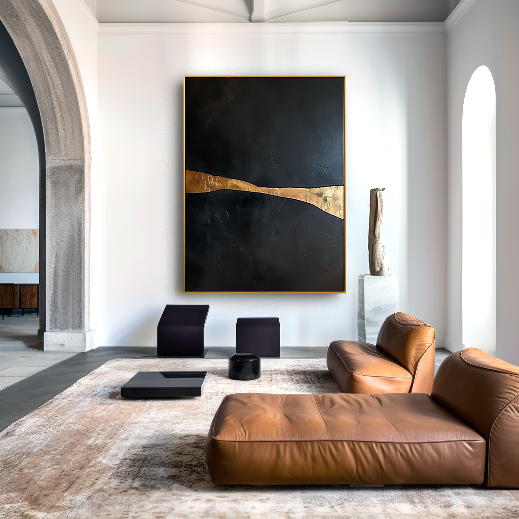 Minimalist black and gold abstract painting with a single horizontal golden line