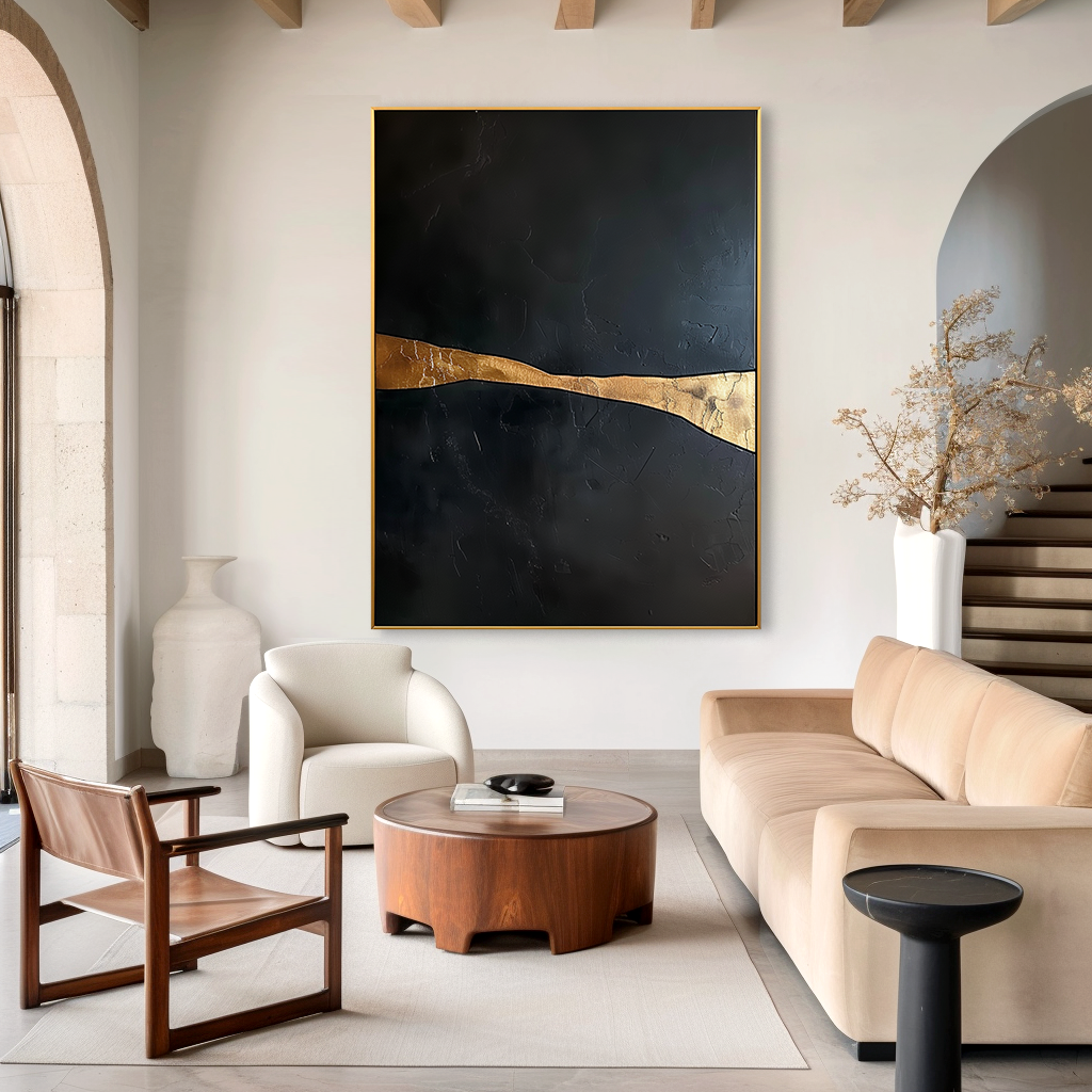 Minimalist black and gold abstract painting with a single horizontal golden line