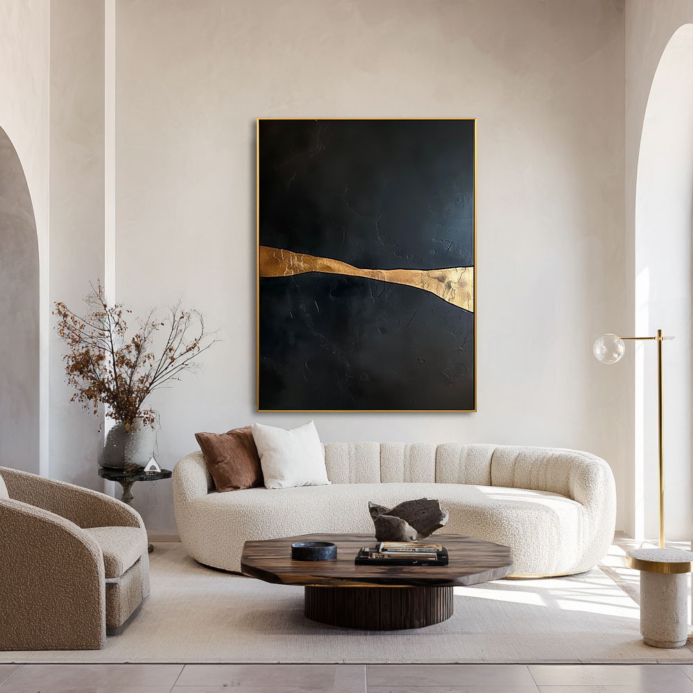Minimalist black and gold abstract painting with a single horizontal golden line