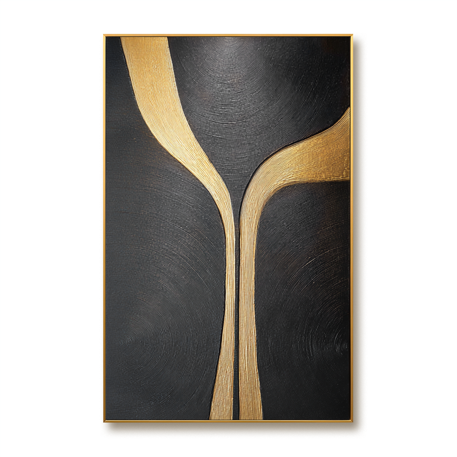 Black minimalist abstract painting with flowing vertical golden lines and textured surface