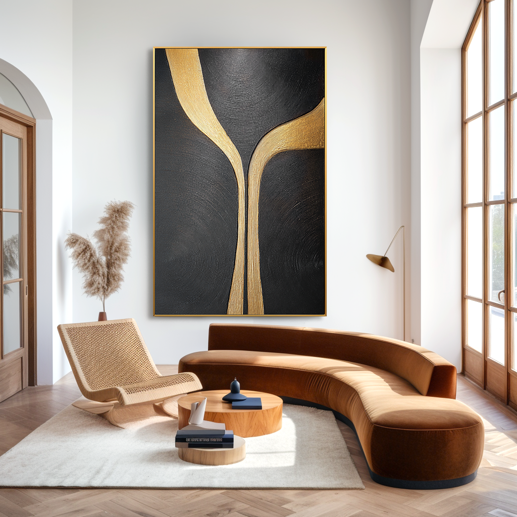 Black minimalist abstract painting with flowing vertical golden lines and textured surface