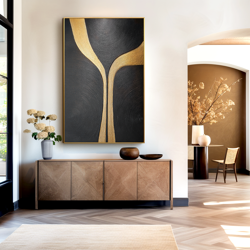 Black minimalist abstract painting with flowing vertical golden lines and textured surface