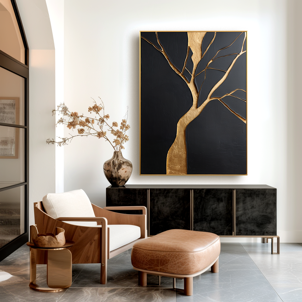 Vertical abstract gold tree painting with strong trunk on black textured background