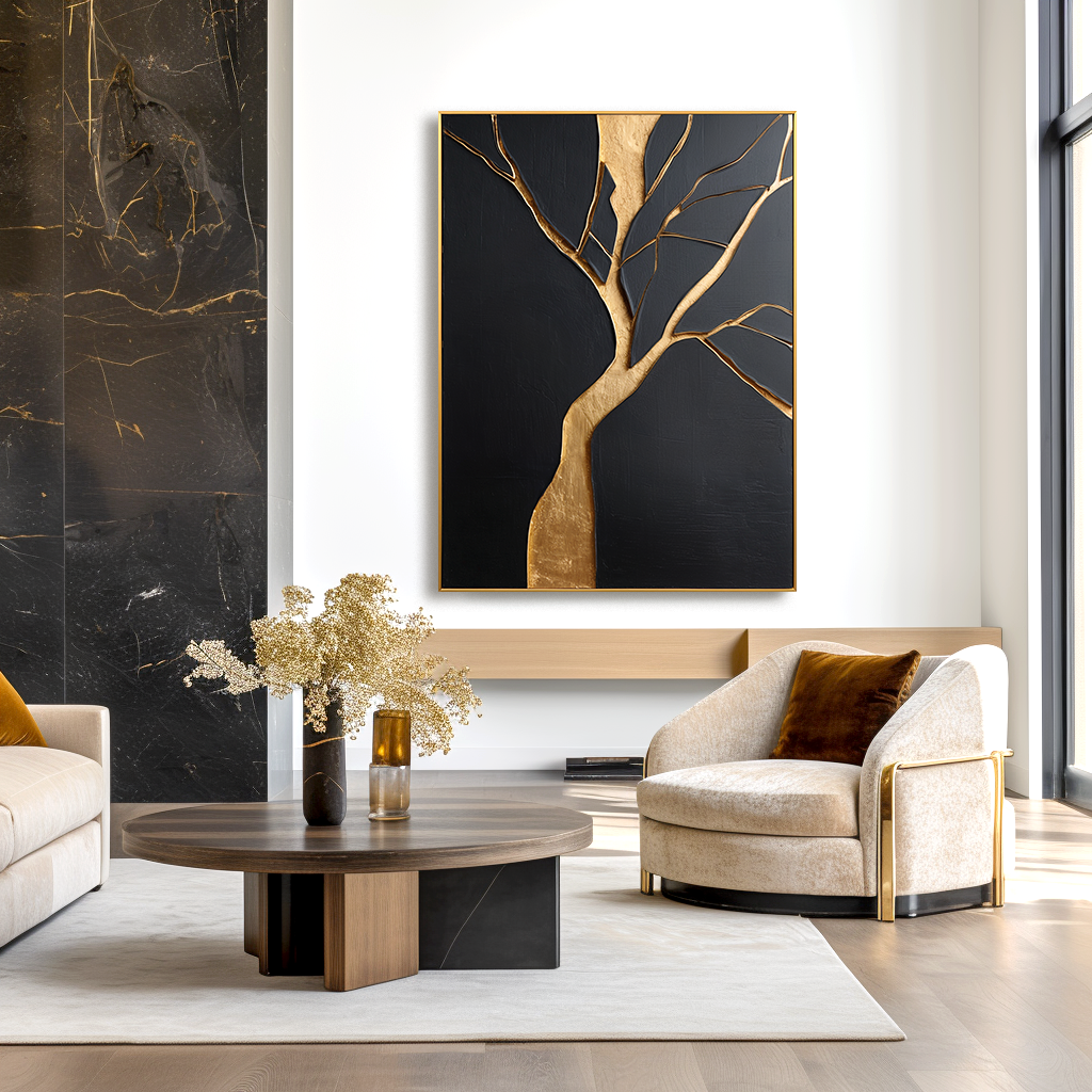 Vertical abstract gold tree painting with strong trunk on black textured background