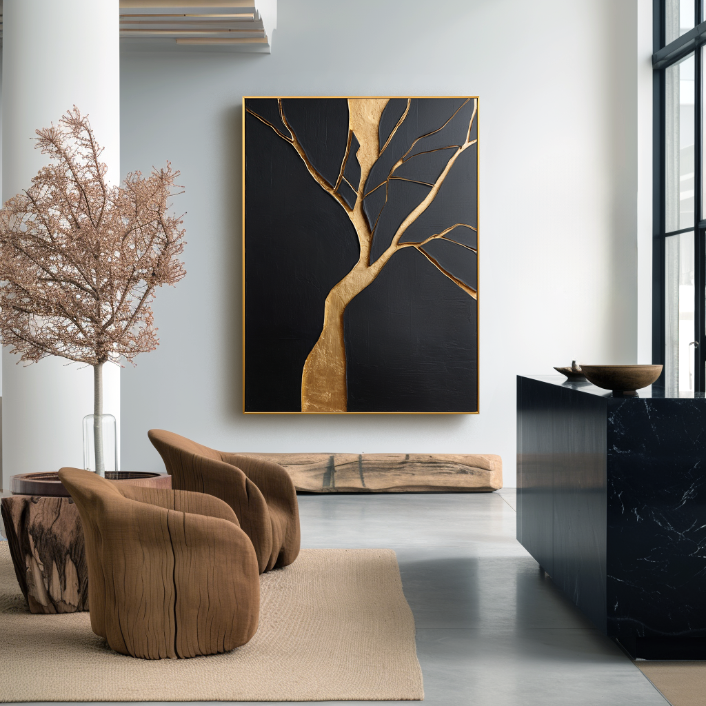Vertical abstract gold tree painting with strong trunk on black textured background