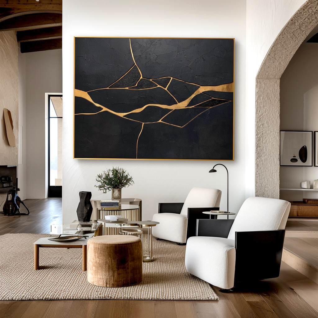 Vertical abstract black and gold textured painting with flowing golden crack lines