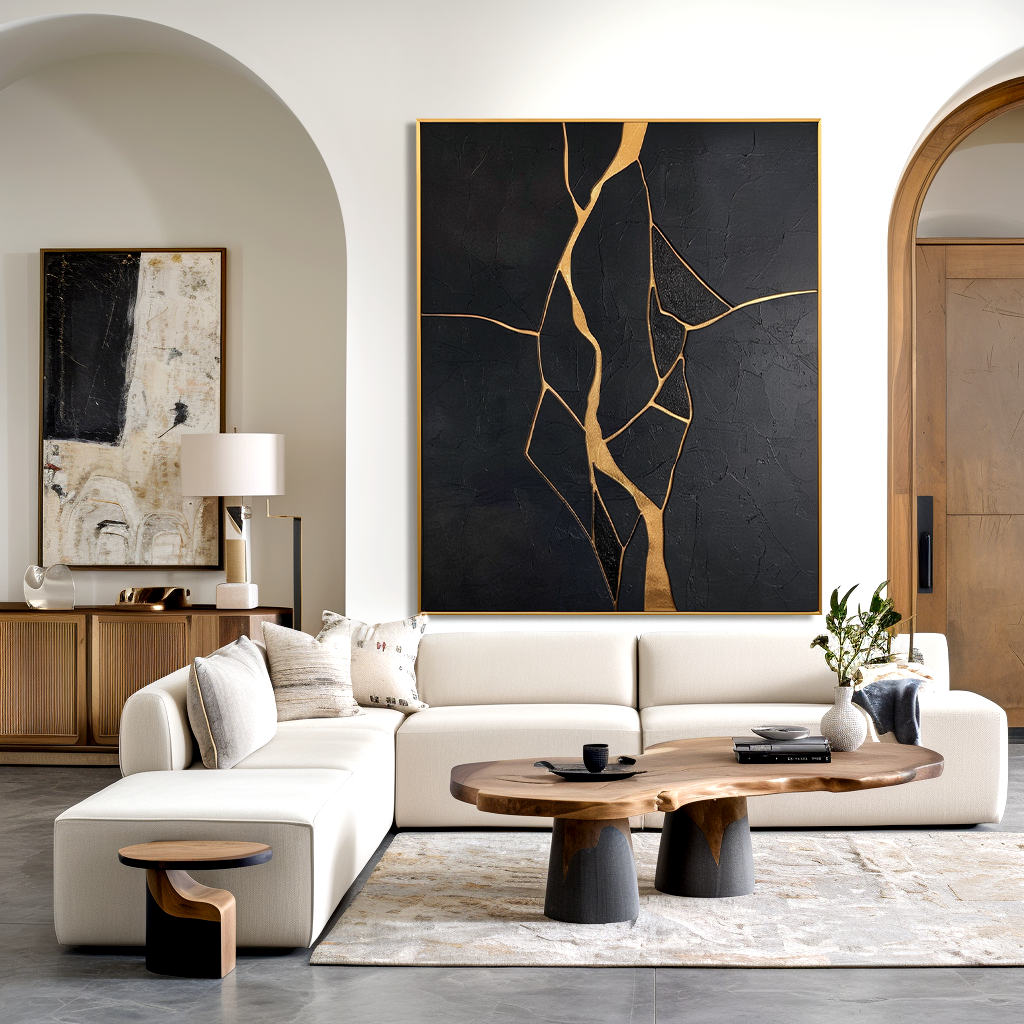 Vertical abstract black and gold textured painting with flowing golden crack lines