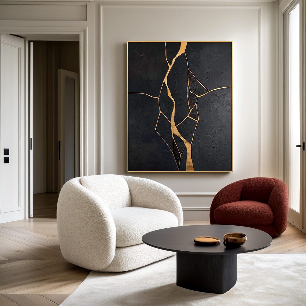 Vertical abstract black and gold textured painting with flowing golden crack lines