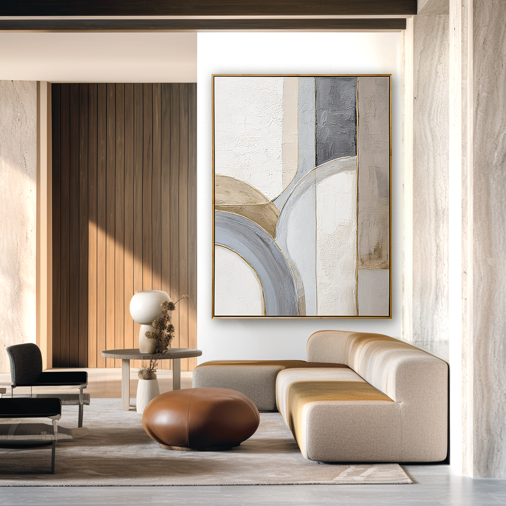 Neutral abstract textured wall art with soft curved shapes in beige and gray tones