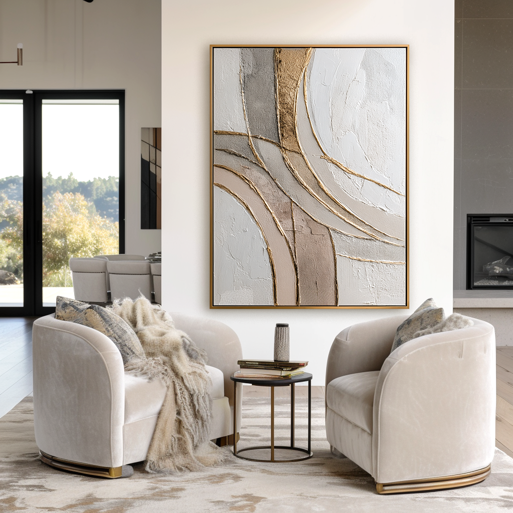 Neutral abstract textured wall art with soft curved gold lines on a light background