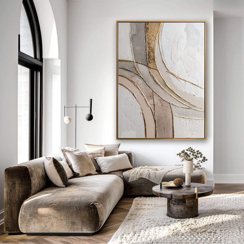 Neutral abstract textured wall art with soft curved gold lines on a light background