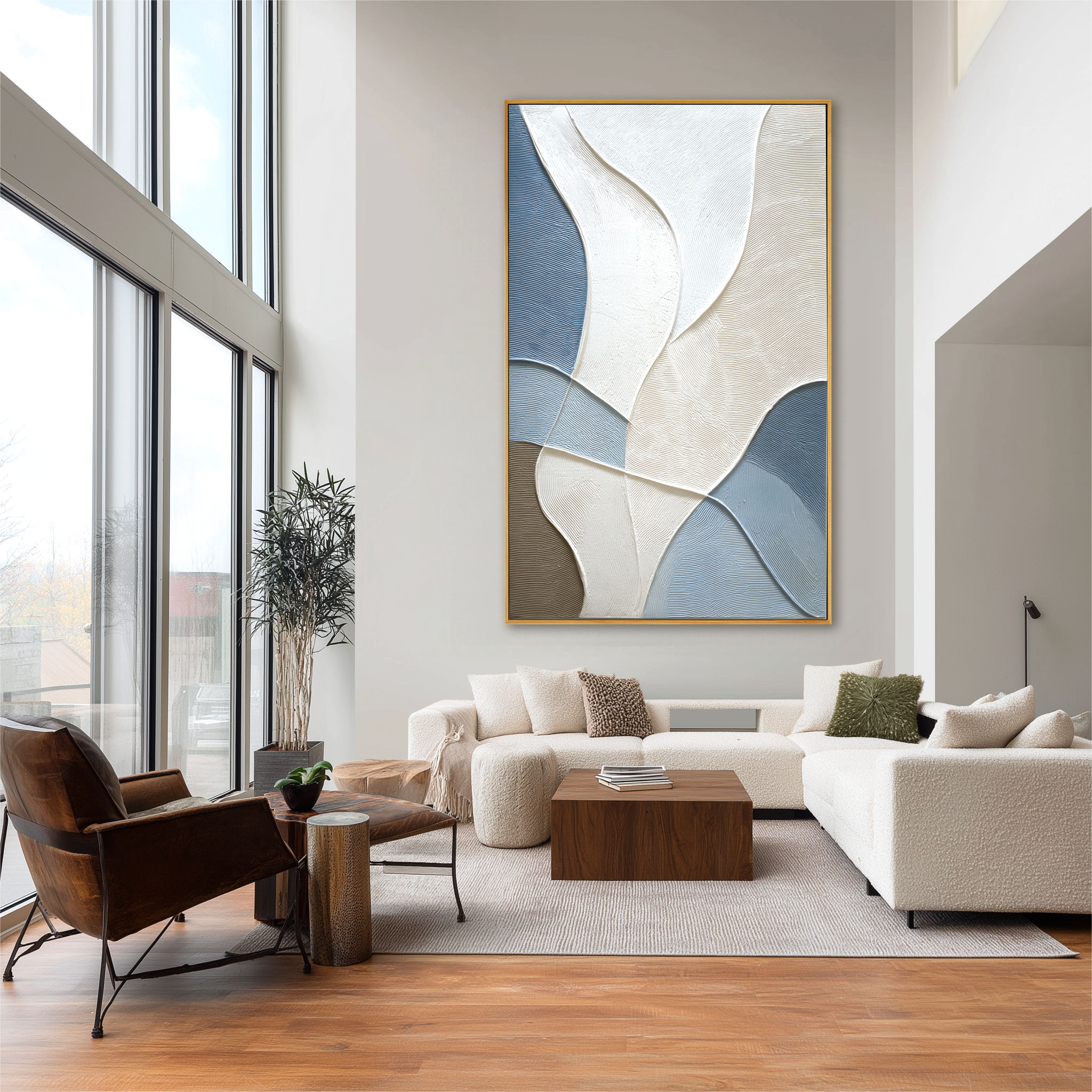 Blue and beige abstract textured wall art with soft flowing lines