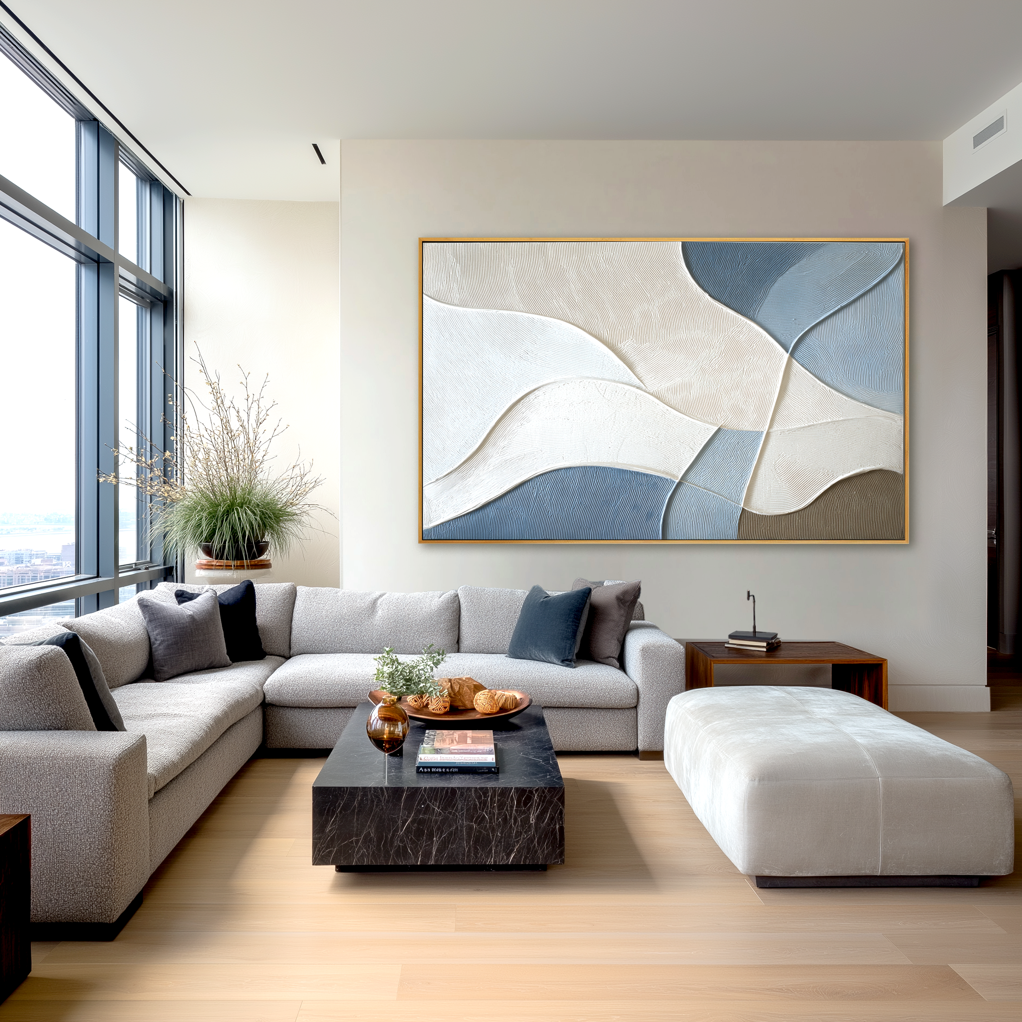 Blue and beige abstract textured wall art with soft flowing lines