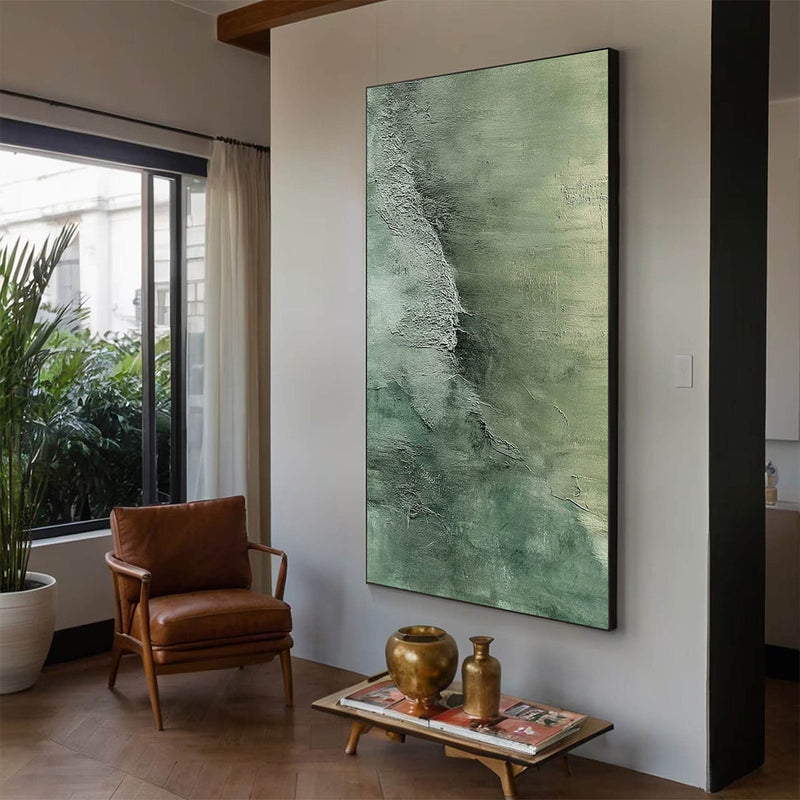 Emerald Depths – Textured Abstract Green Tones Oil Painting, Vertical Wall Art for Home Decor