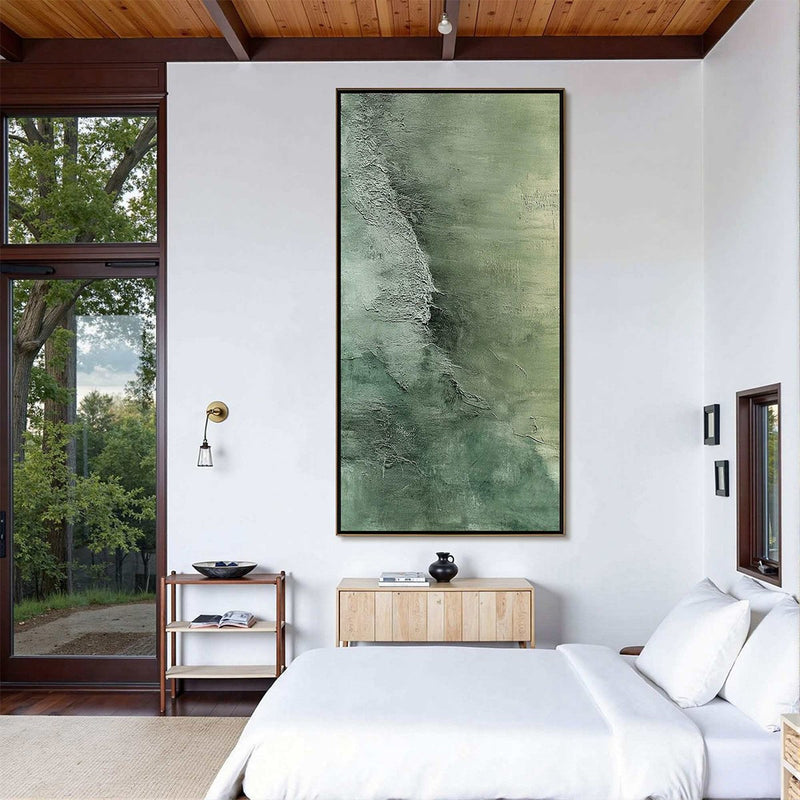 Emerald Depths – Textured Abstract Green Tones Oil Painting, Vertical Wall Art for Home Decor