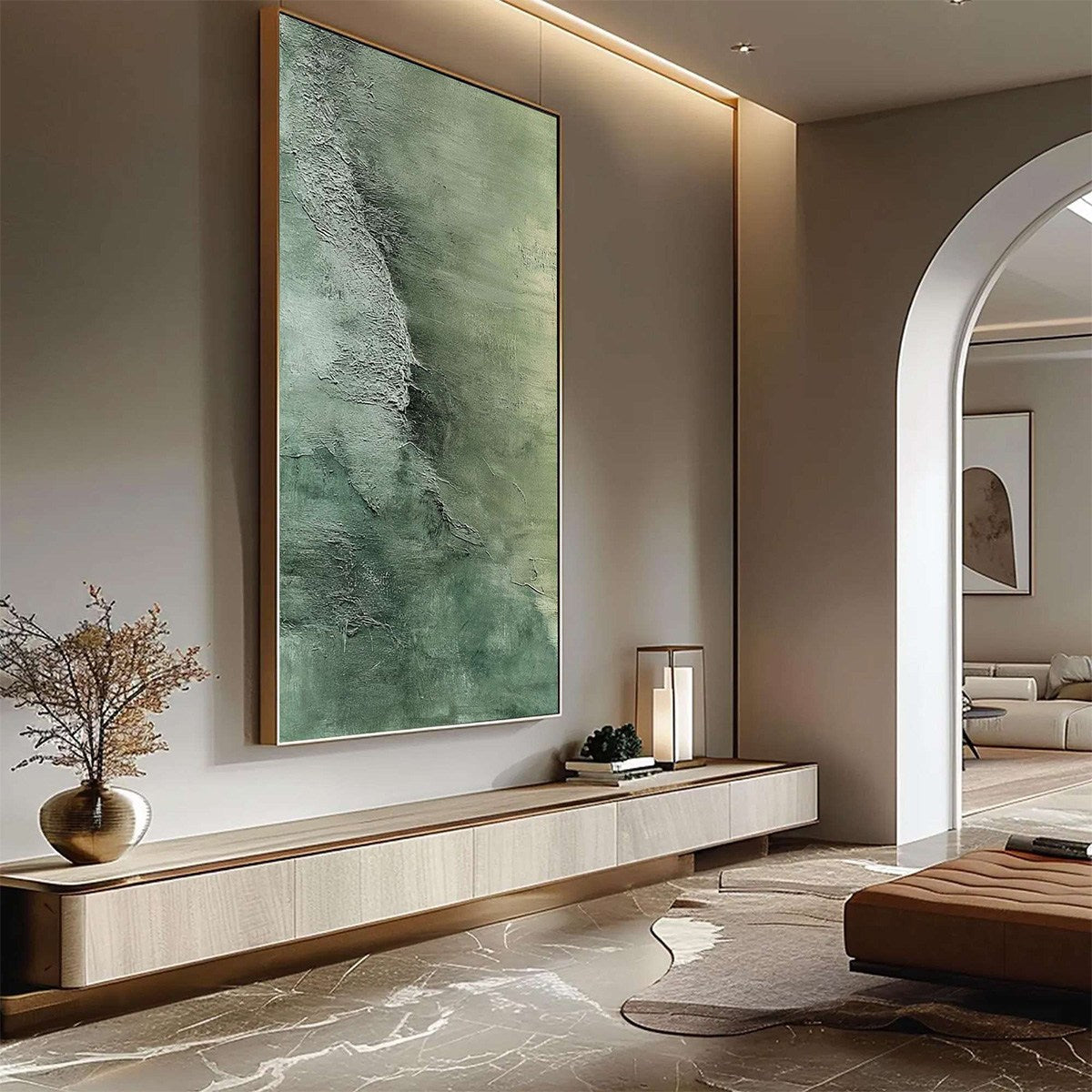 Emerald Depths – Textured Abstract Green Tones Oil Painting, Vertical Wall Art for Home Decor