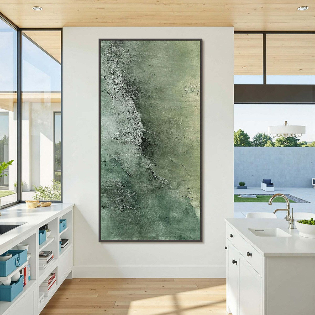 Emerald Depths – Textured Abstract Green Tones Oil Painting, Vertical Wall Art for Home Decor