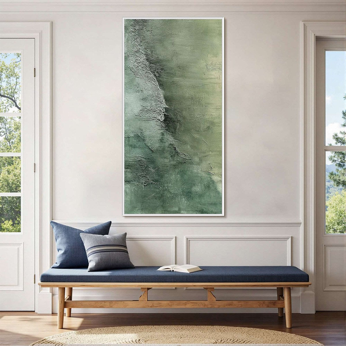 Emerald Depths – Textured Abstract Green Tones Oil Painting, Vertical Wall Art for Home Decor