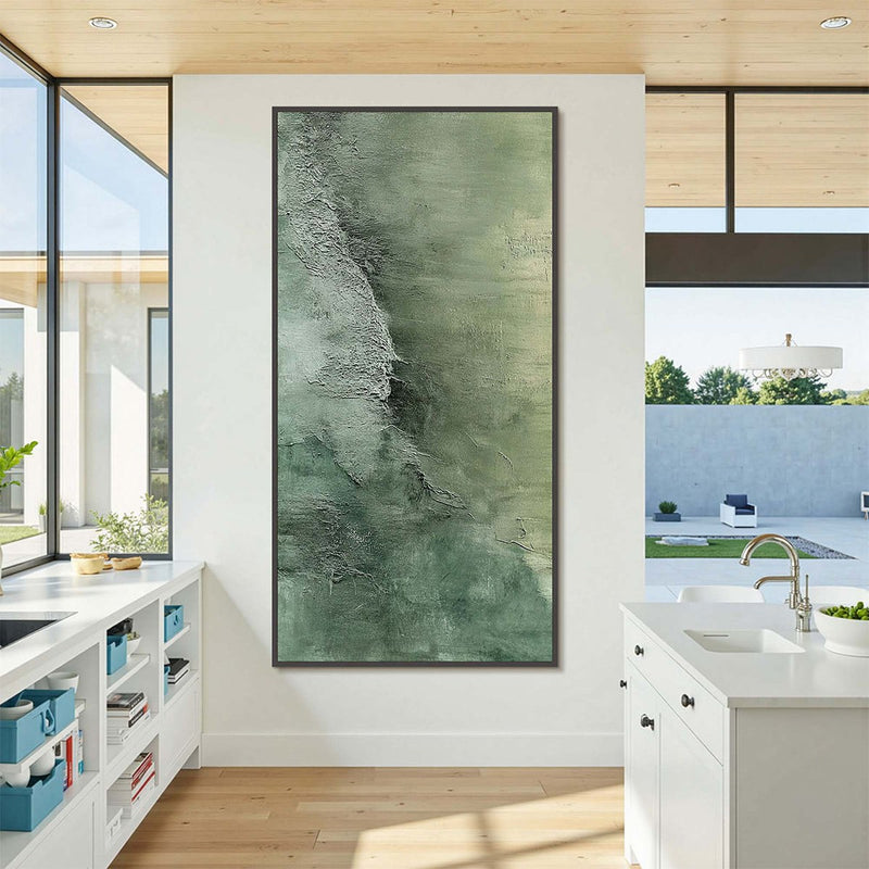 Emerald Depths – Textured Abstract Green Tones Oil Painting, Vertical Wall Art for Home Decor