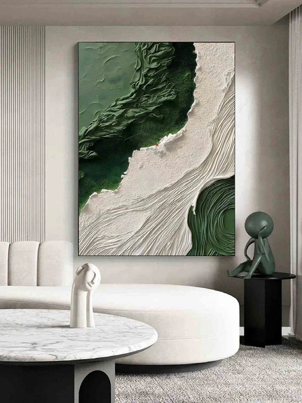 Emerald Waves-Vertical Textured Green & White Abstract Painting for Modern Decor