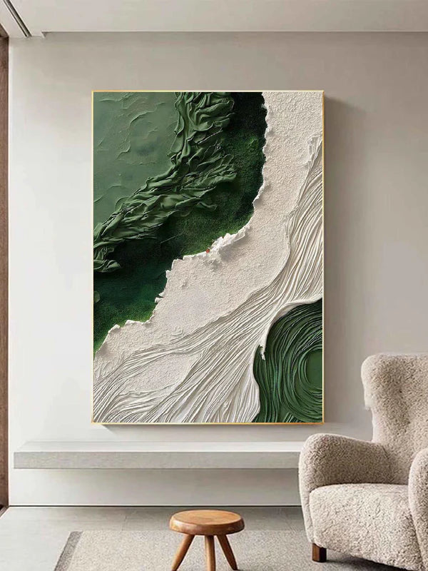 Emerald Waves-Vertical Textured Green & White Abstract Painting for Modern Decor