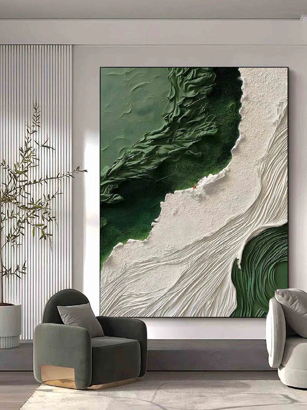 Emerald Waves-Vertical Textured Green & White Abstract Painting for Modern Decor