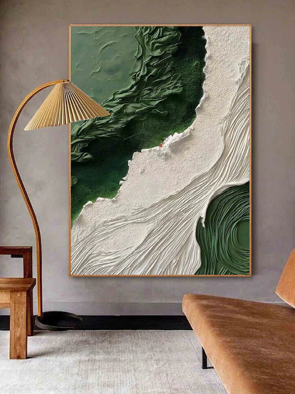 Emerald Waves-Vertical Textured Green & White Abstract Painting for Modern Decor