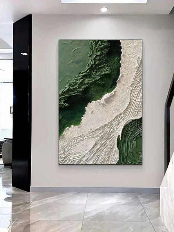 Emerald Waves-Vertical Textured Green & White Abstract Painting for Modern Decor